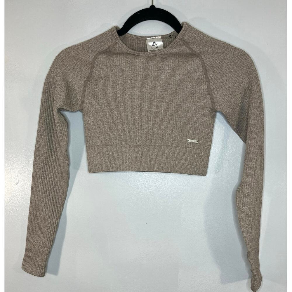 LILIAS ACTIVE RIBBED KNIT CROP TOP Long Sleeve Spandex gray XS Crew Neck Gym